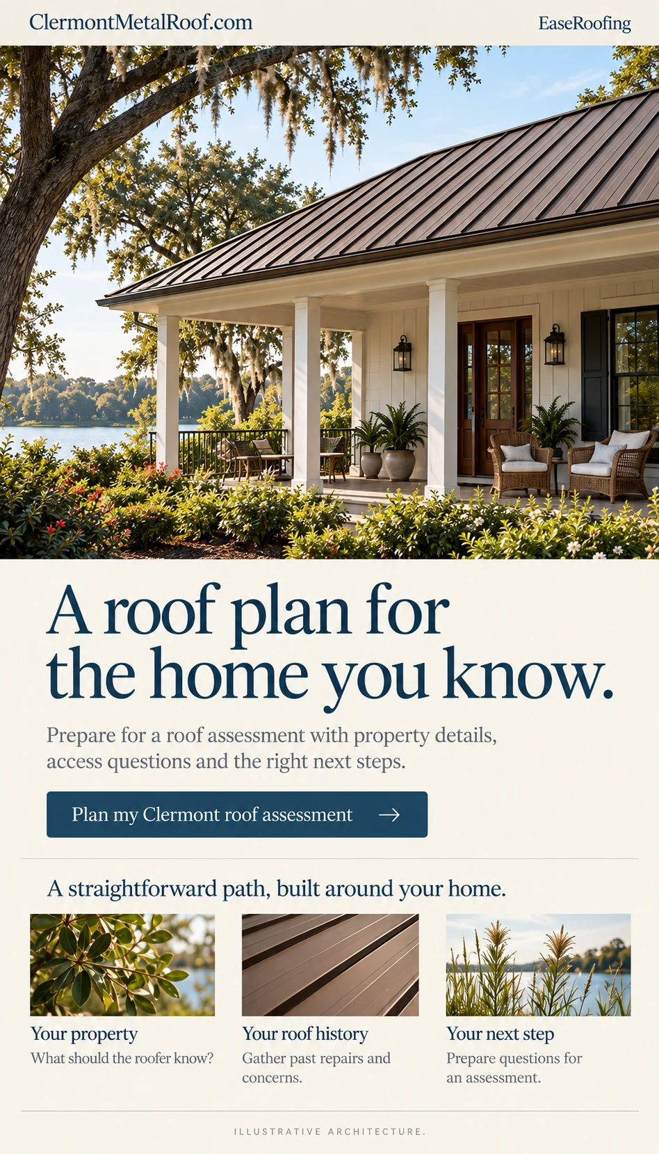 Illustrative Florida porch beneath an oak beside a lake